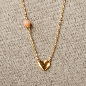 Erbsenkette mit Herz & Rosenquarz – 750 Gelbgold